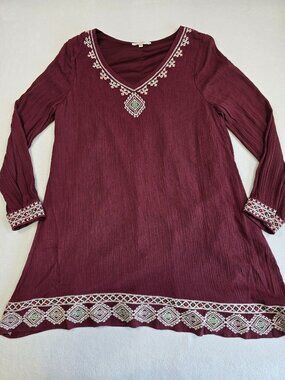 Entro Womens Large Burgundy Embroidered Long Sleeve Tunic Dress Top Boho